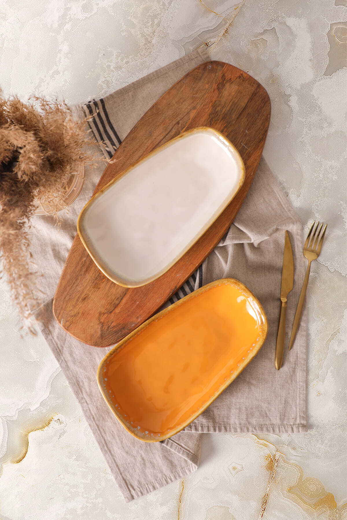 Shizen Yellow/Cream Tetra Boat-Shaped Plate 28 cm 2 Pieces