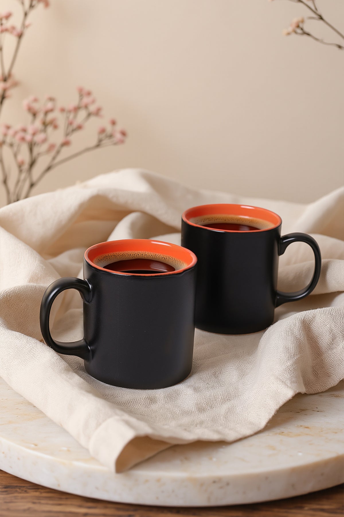 Matte Black / Orange Cylindrical Mug, 10 cm, 2 Pieces
