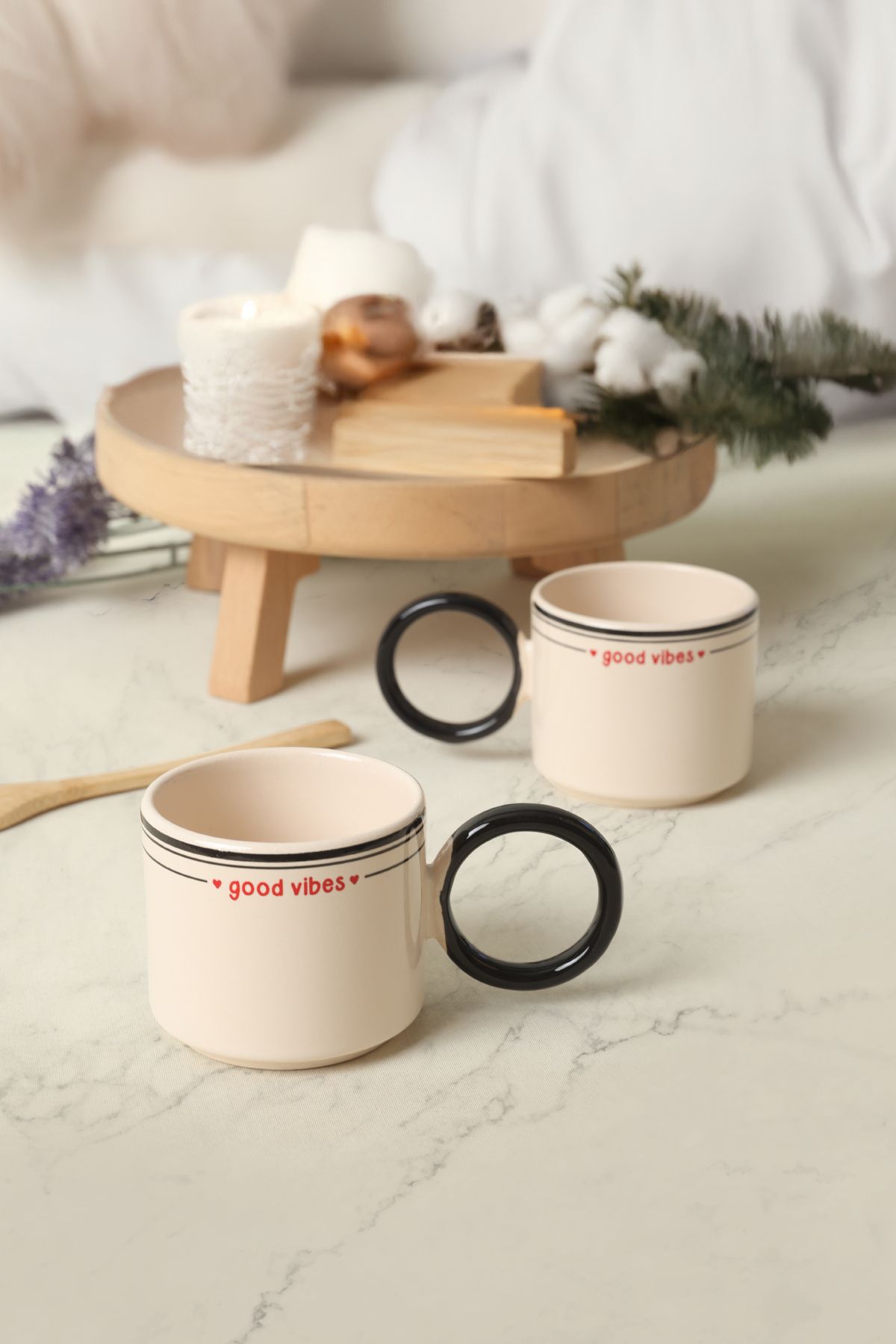 Good Vibes Black Mugs Stackable Ring Handle Cup 2 Pieces