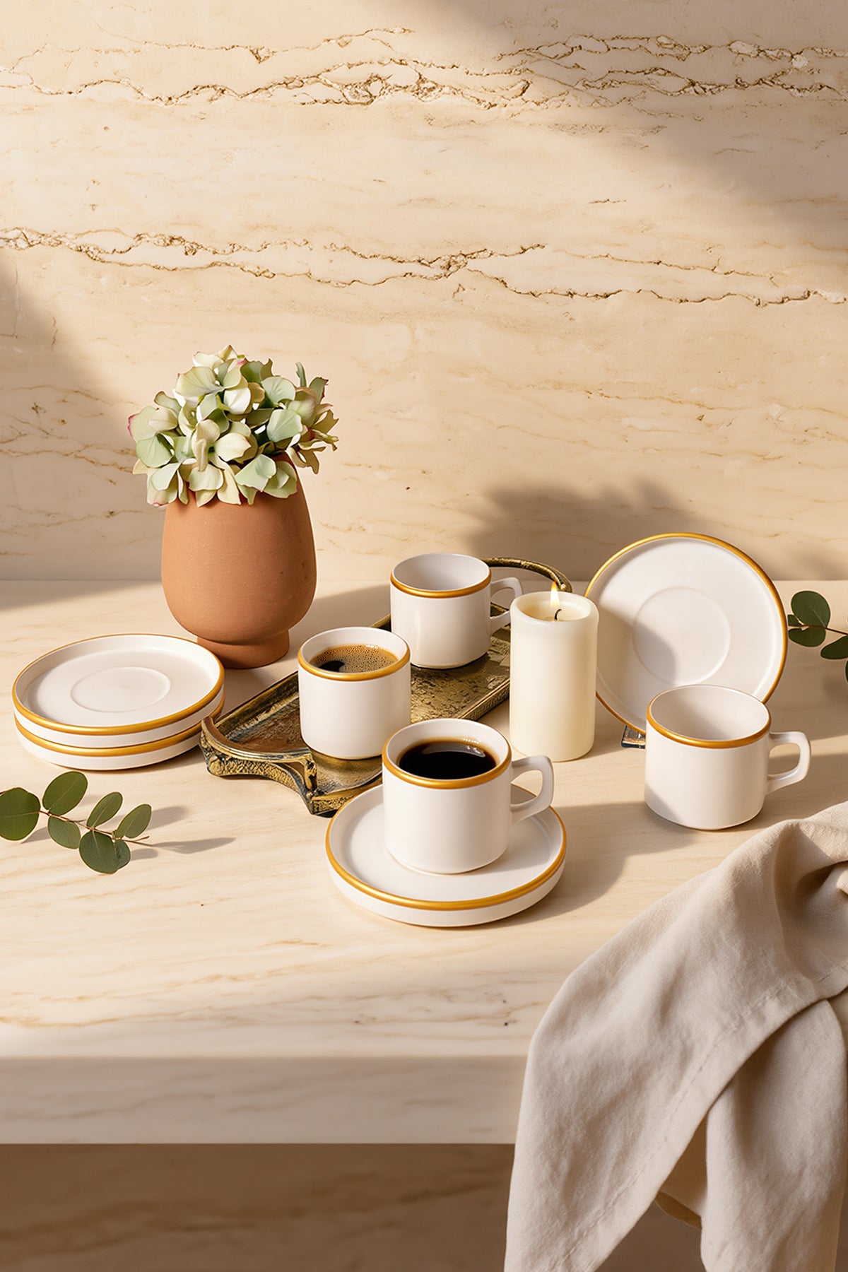 Matte White Gold Mesh Stackable Tea Set, 8 Pieces, for 4 People