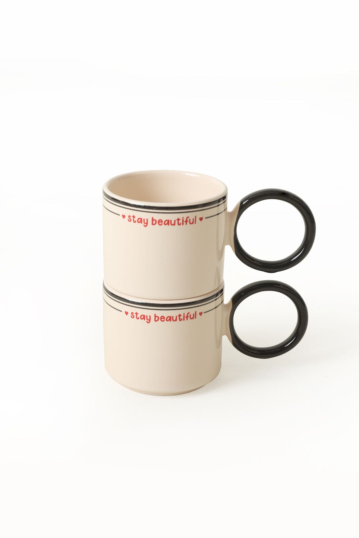 Stay Beautiful Black Mugs Stackable Ring Handle Cup 2 Pieces