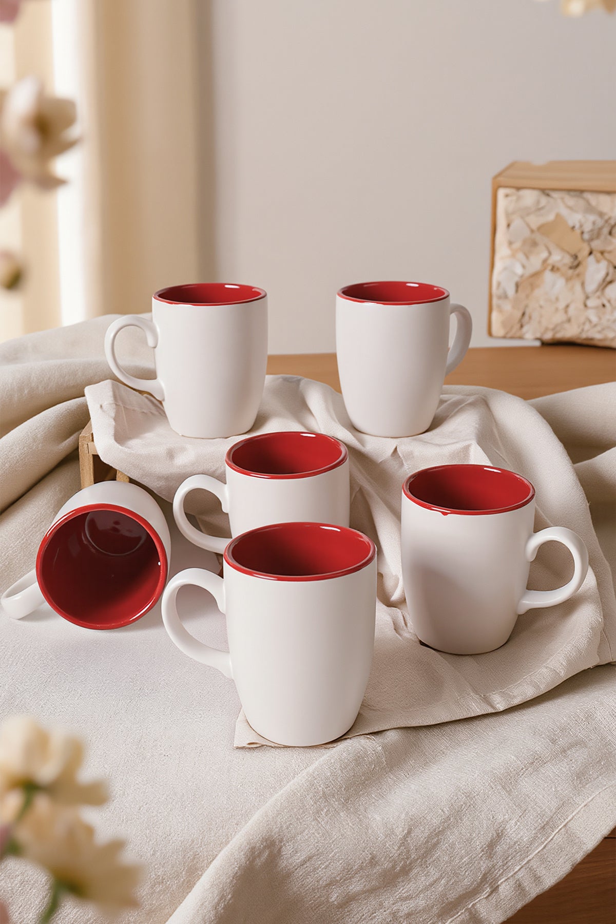 Matte White / Red Cloud Mug, 9 cm, 6 Pieces