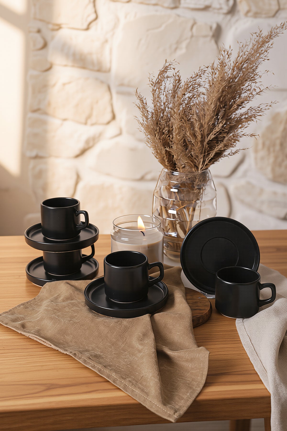 Matte Black Stackable Tea Set, 8 Pieces, for 4 People