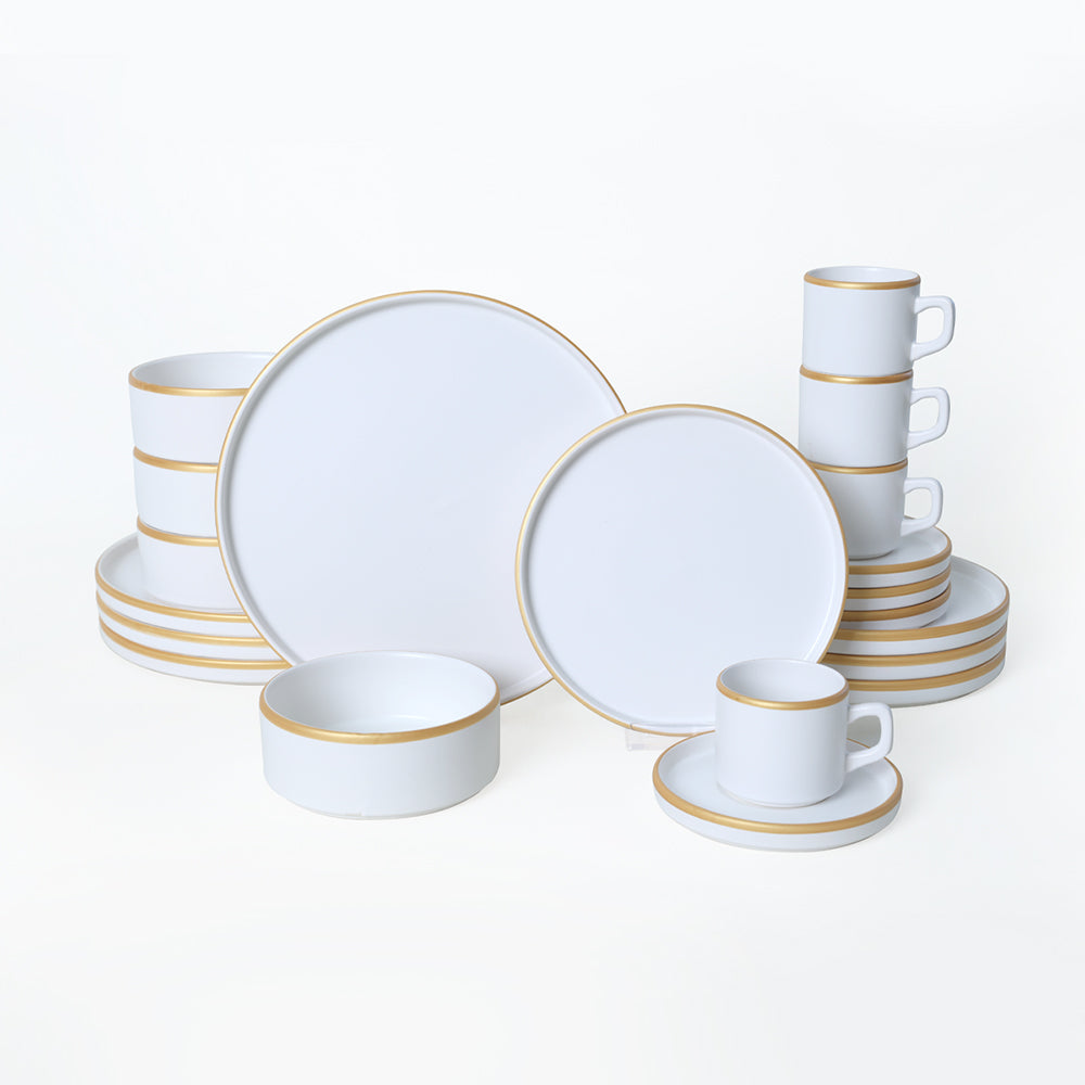 Matte White Gold Netted Stackable Dinner/Breakfast Set 20 Pieces for 4 People