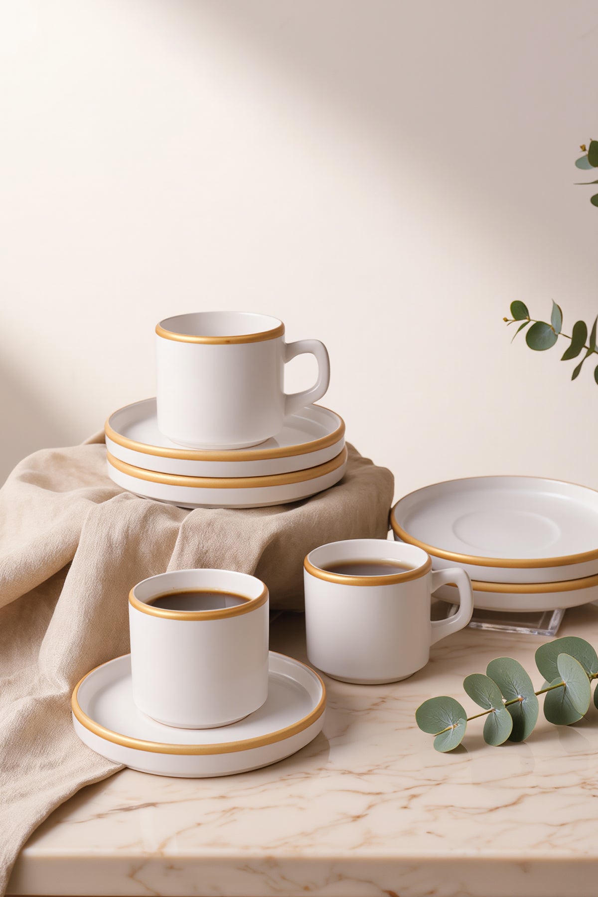 Matte White Gold Mesh Stackable Tea Set, 8 Pieces, for 4 People