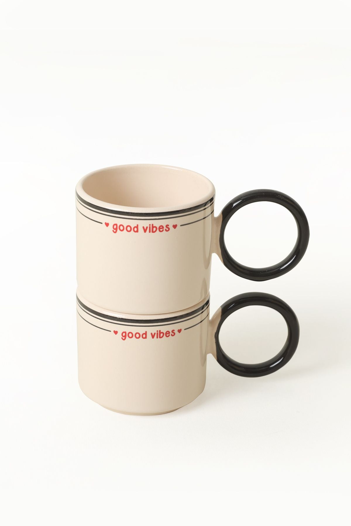Good Vibes Black Mugs Stackable Ring Handle Cup 2 Pieces