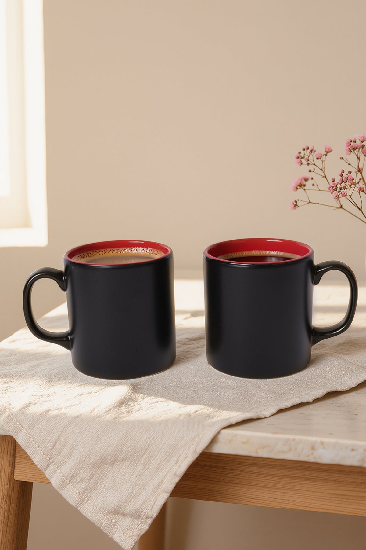 Matte Black / Red Cylindrical Mug, 10 cm, 2 Pieces