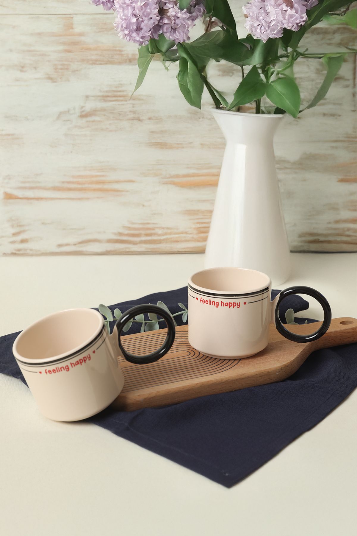Feeling Happy Black Mugs Stackable Ring Handle Cup 2 Pieces