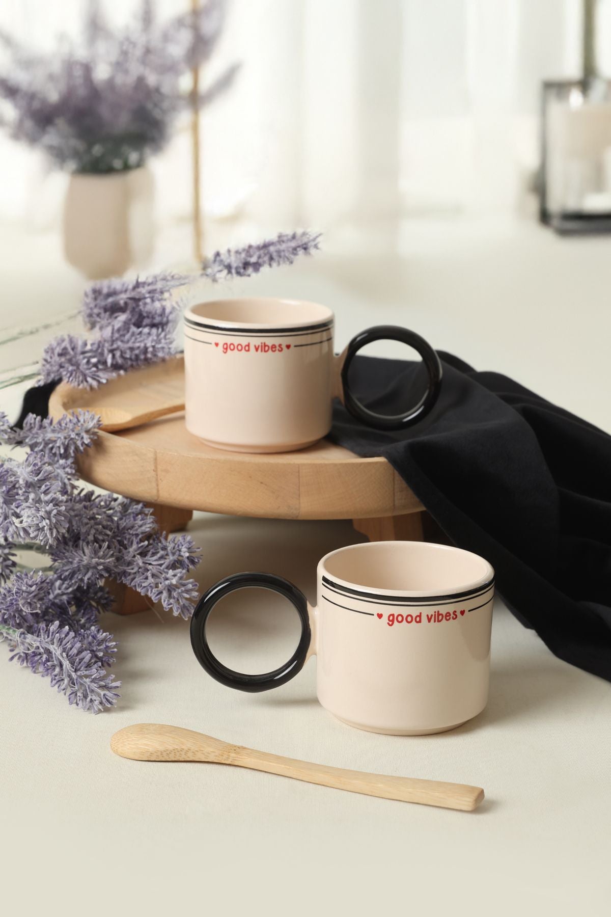 Good Vibes Black Mugs Stackable Ring Handle Cup 2 Pieces