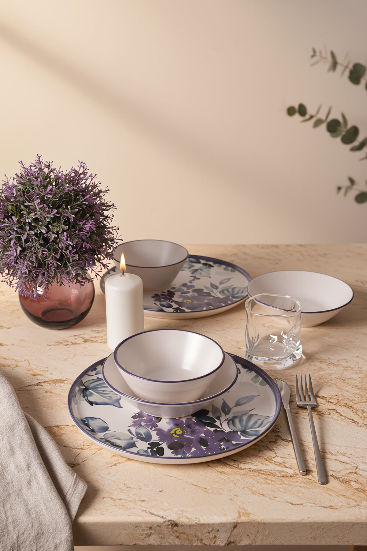 Purple Flower 6-Piece Dinner Set for 2 People