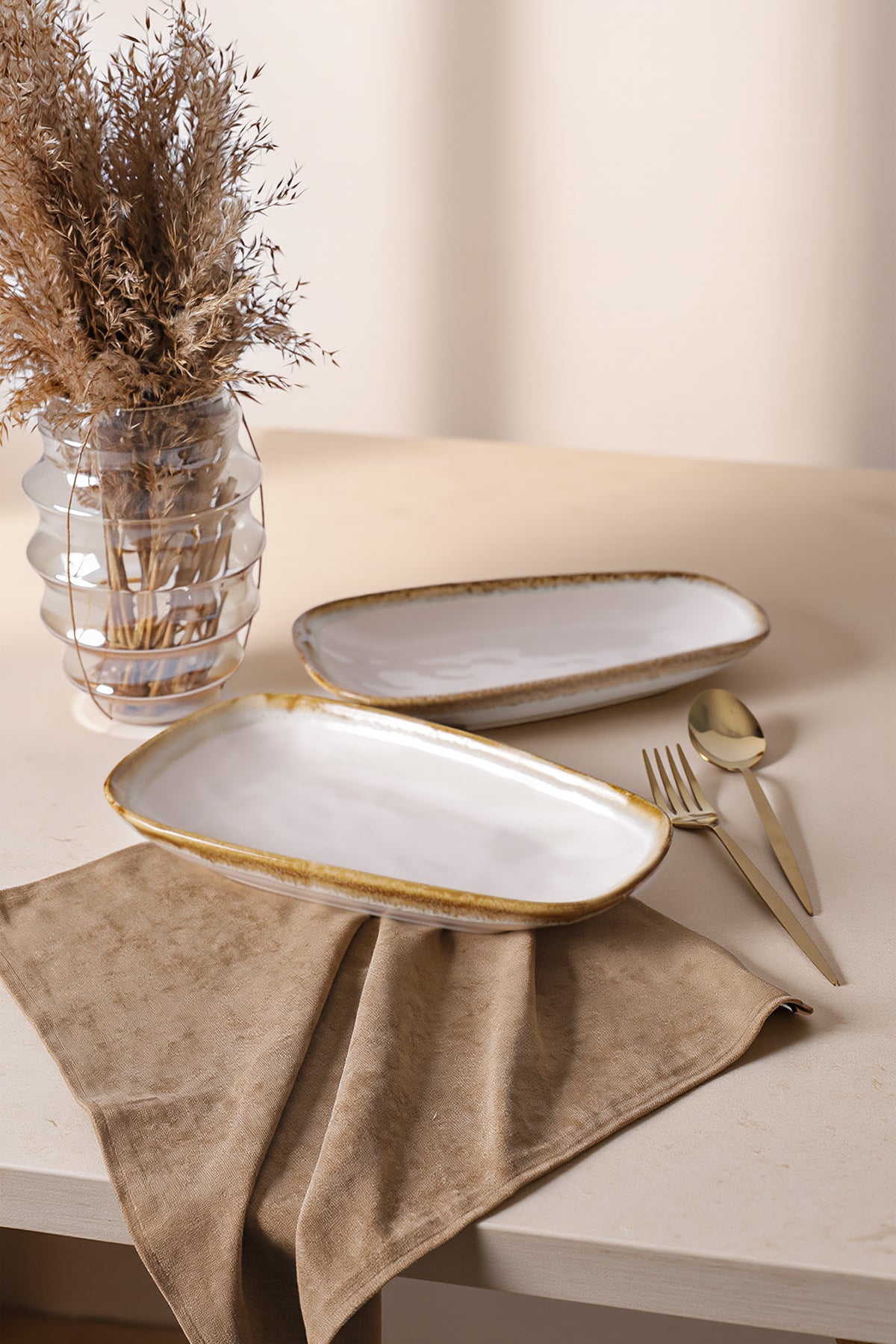 Shizen Cream Tetra Boat-Shaped Plate 28 cm 2 Pieces