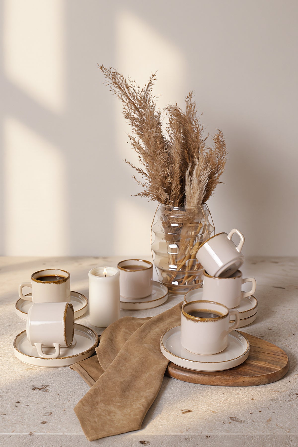 Straw Stackable Tea Set, 12 Pieces, for 6 People