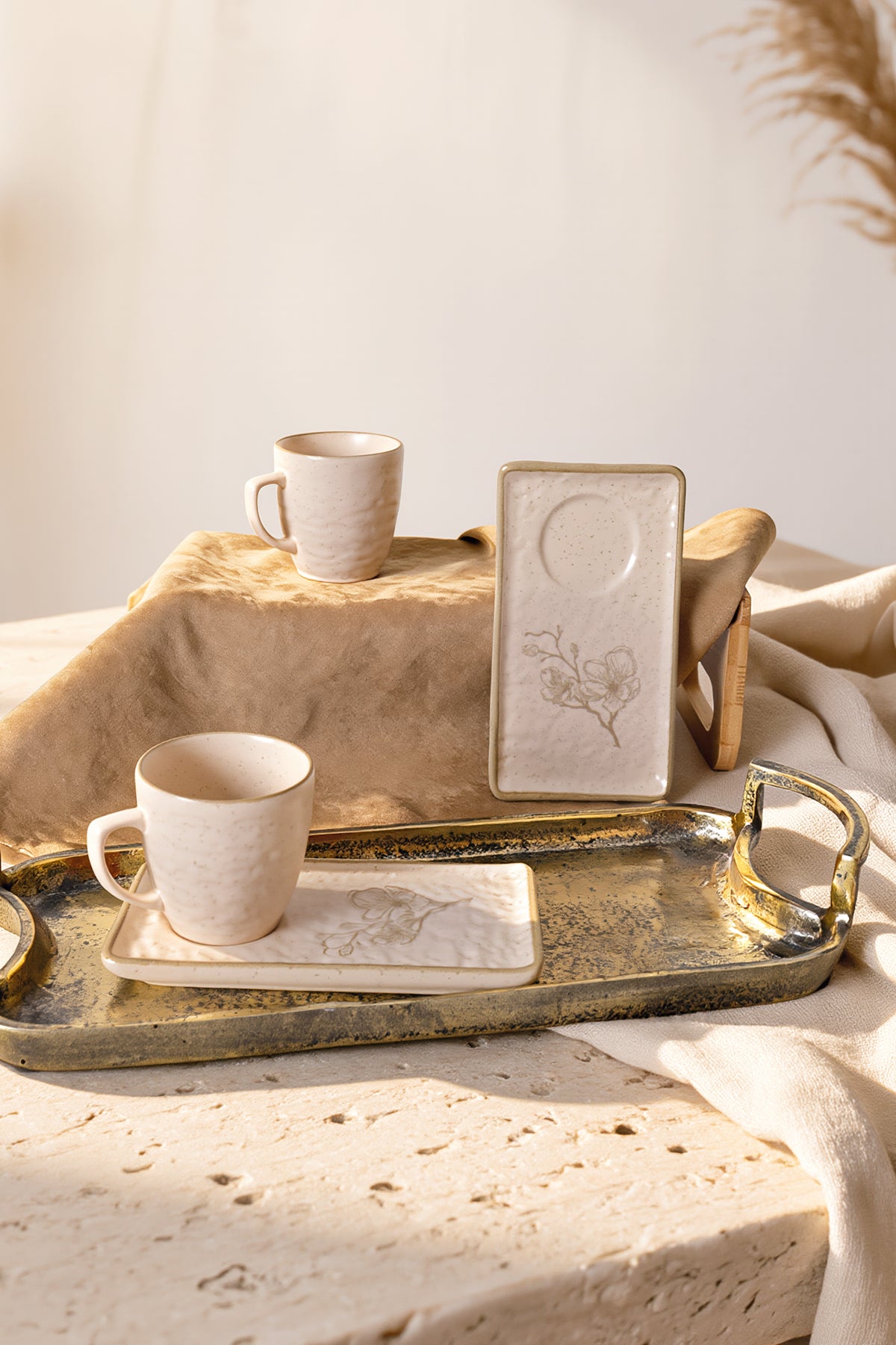 Taupe Bloom Natural Stone Coffee Serving Set, 4 Pieces, 2 Person