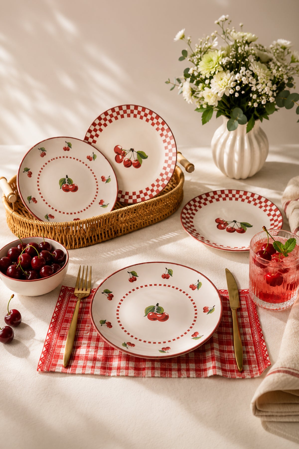 Plaid Cherry Plate 20 cm 4 Pieces