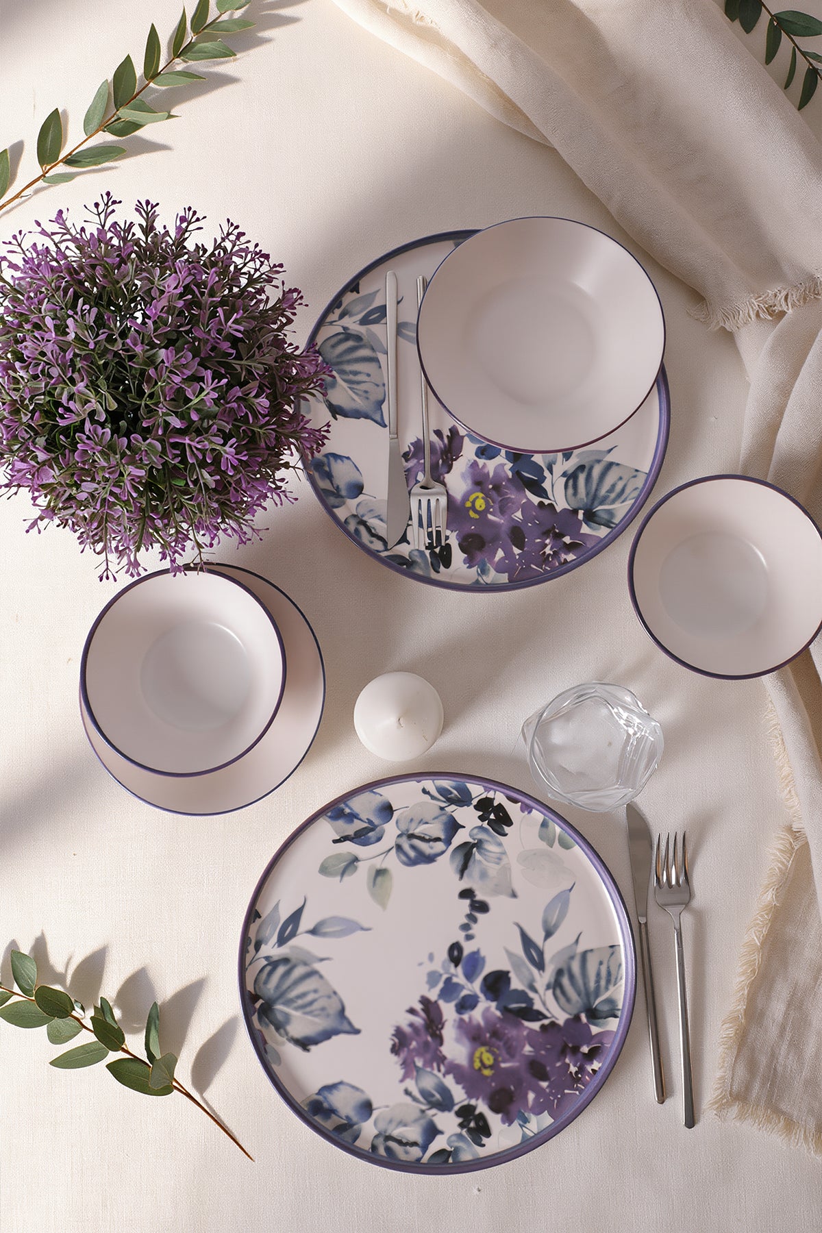 Purple Flower 6-Piece Dinner Set for 2 People