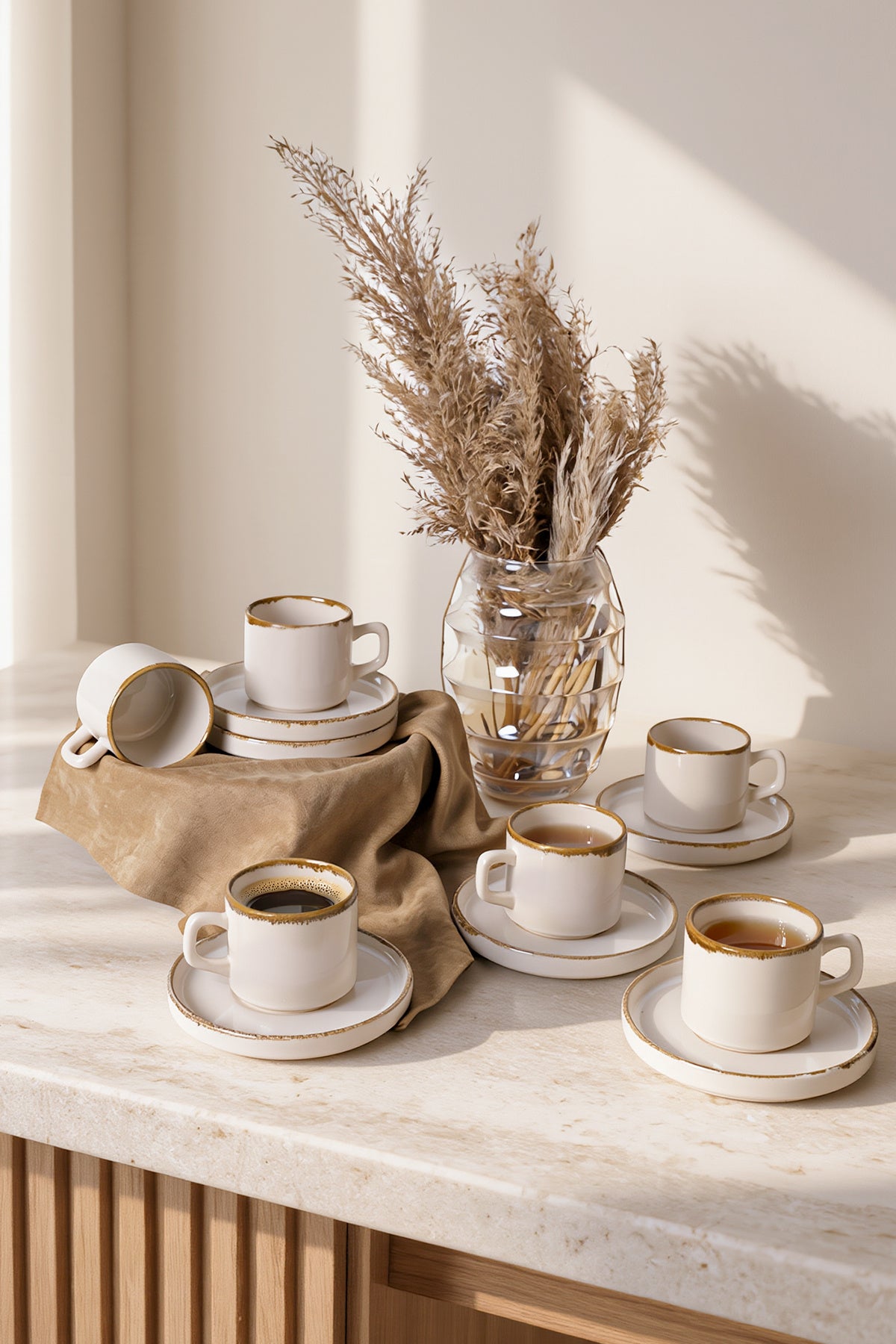 Straw Stackable Tea Set, 12 Pieces, for 6 People