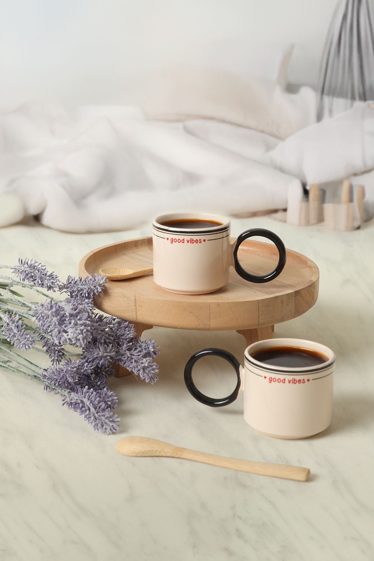 Good Vibes Black Mugs Stackable Ring Handle Cup 2 Pieces