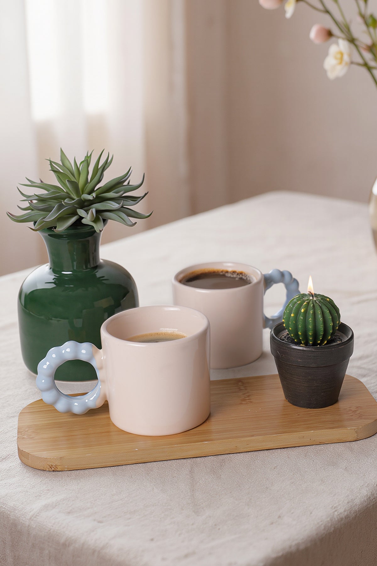 Cream Pearl Mug with Blue Handle, 8 cm, 2 Pieces
