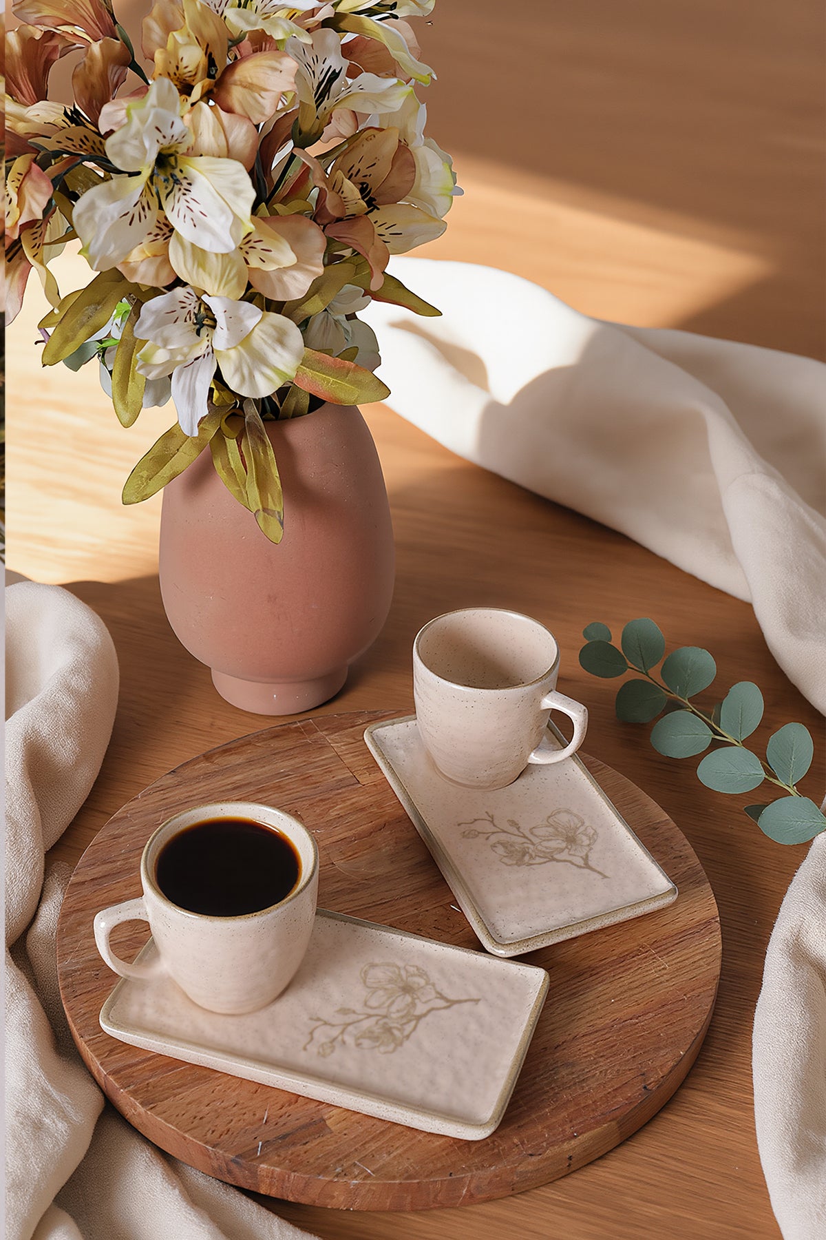Taupe Bloom Natural Stone Coffee Serving Set, 4 Pieces, 2 Person