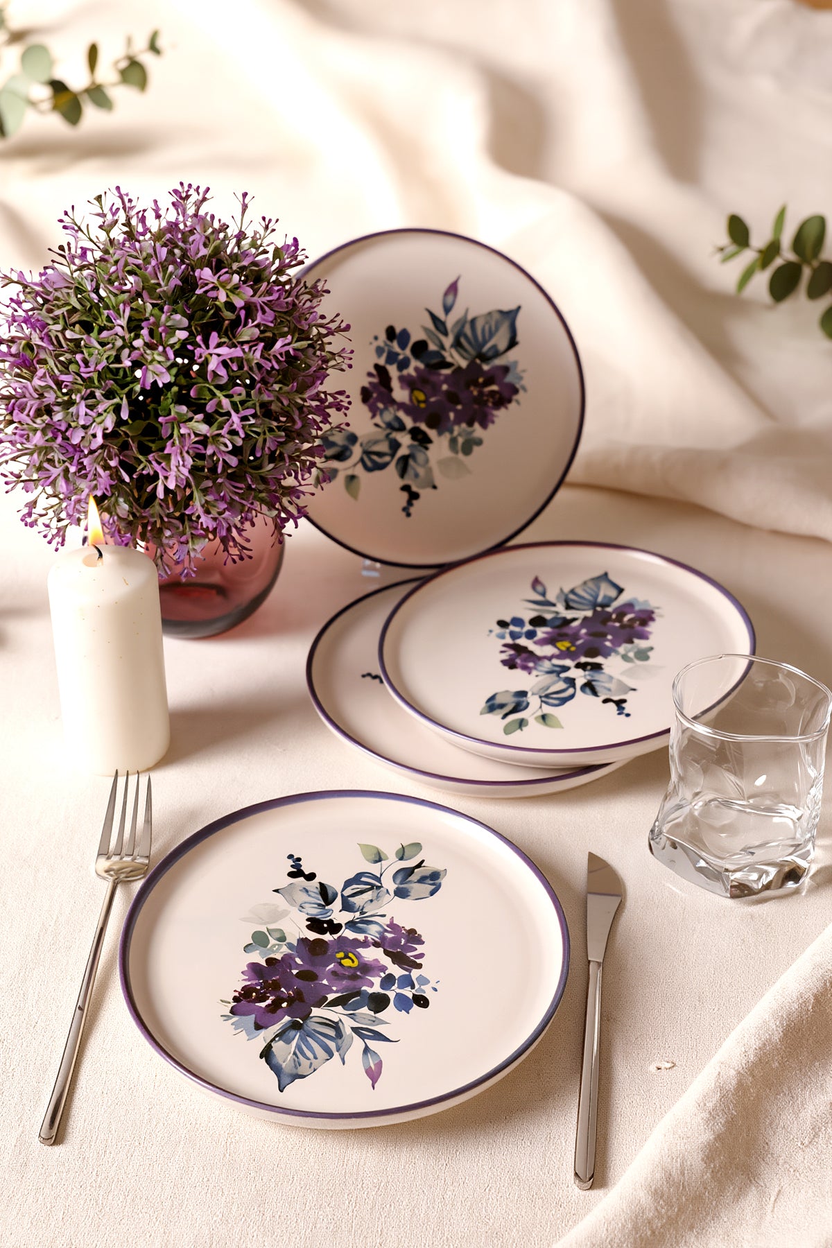 Purple Flower Nordic Plate 22 cm 4 Pieces