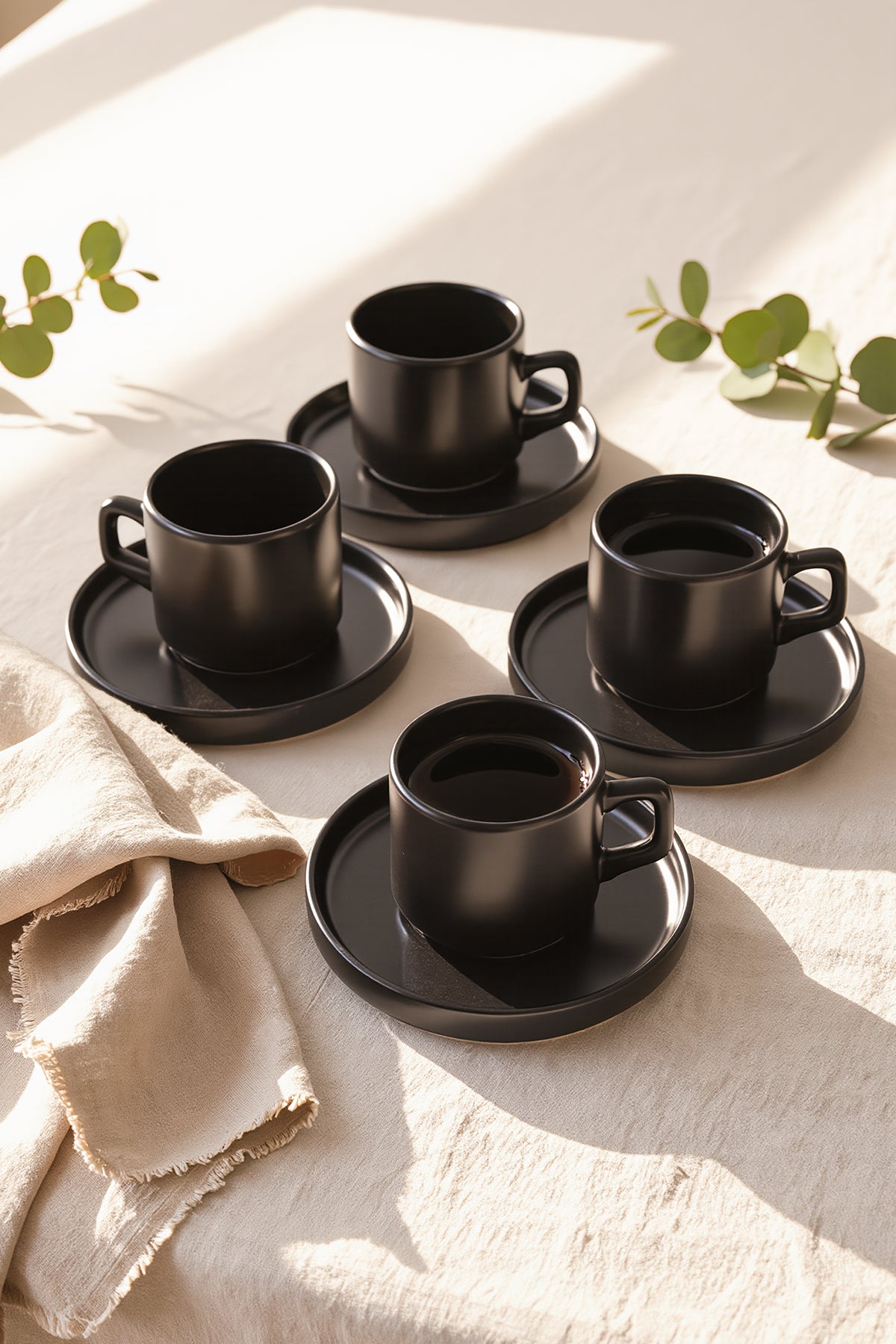 Matte Black Stackable Tea Set, 8 Pieces, for 4 People