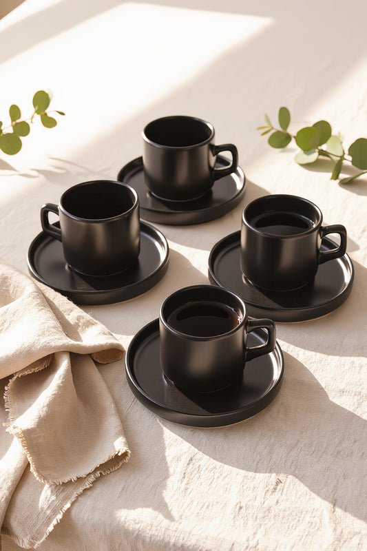 Matte Black Stackable Tea Set, 8 Pieces, for 4 People
