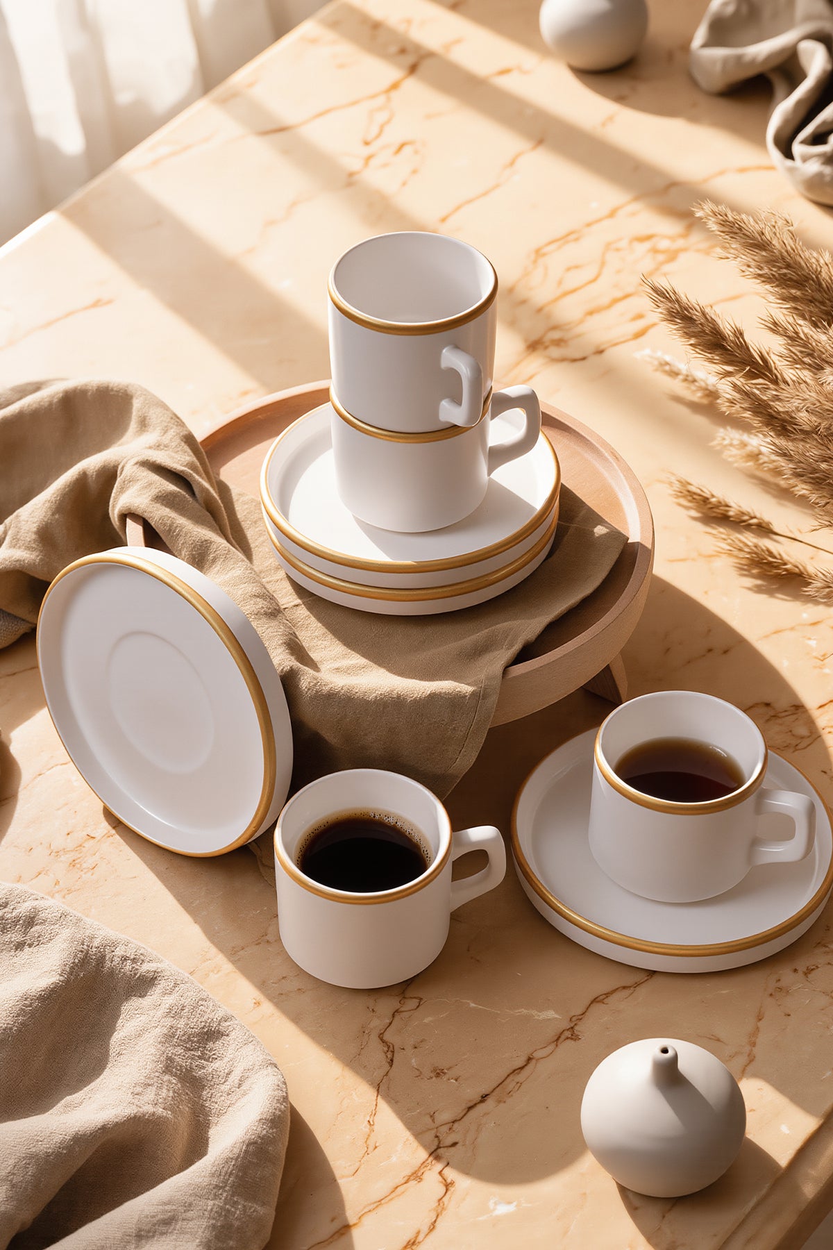 Matte White Gold Mesh Stackable Tea Set, 8 Pieces, for 4 People
