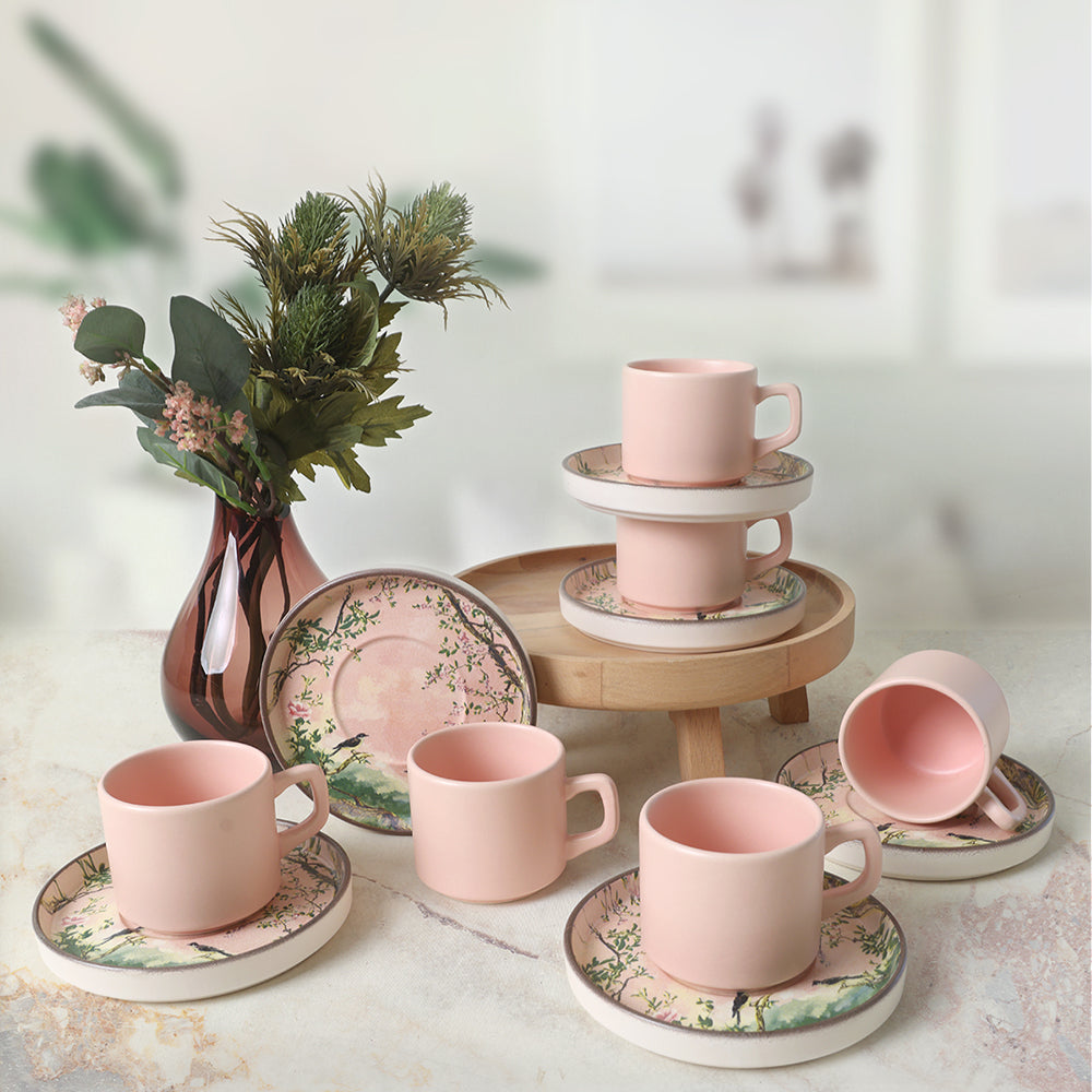 Pink Woods Stackable Tea Set 12 Pieces for 6 People