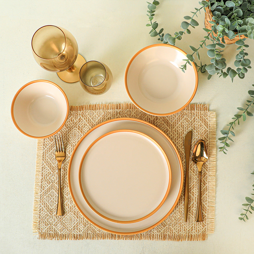 Matte Cream Gold Netted Dinner Set 24 Pieces for 6 People