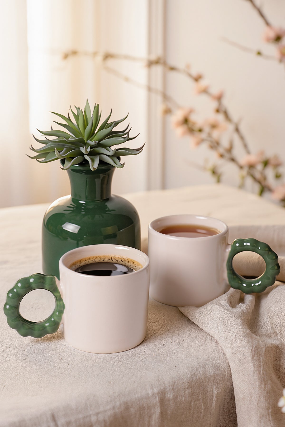 Cream Pearl Mug with Green Handle, 8 cm, 2 Pieces