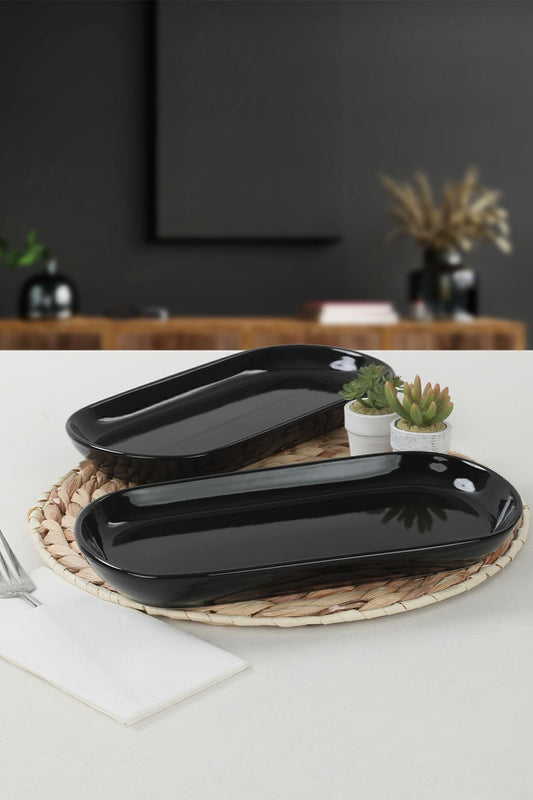Black Noyan Boat-Shaped Plate, 2 Pieces, 28 cm