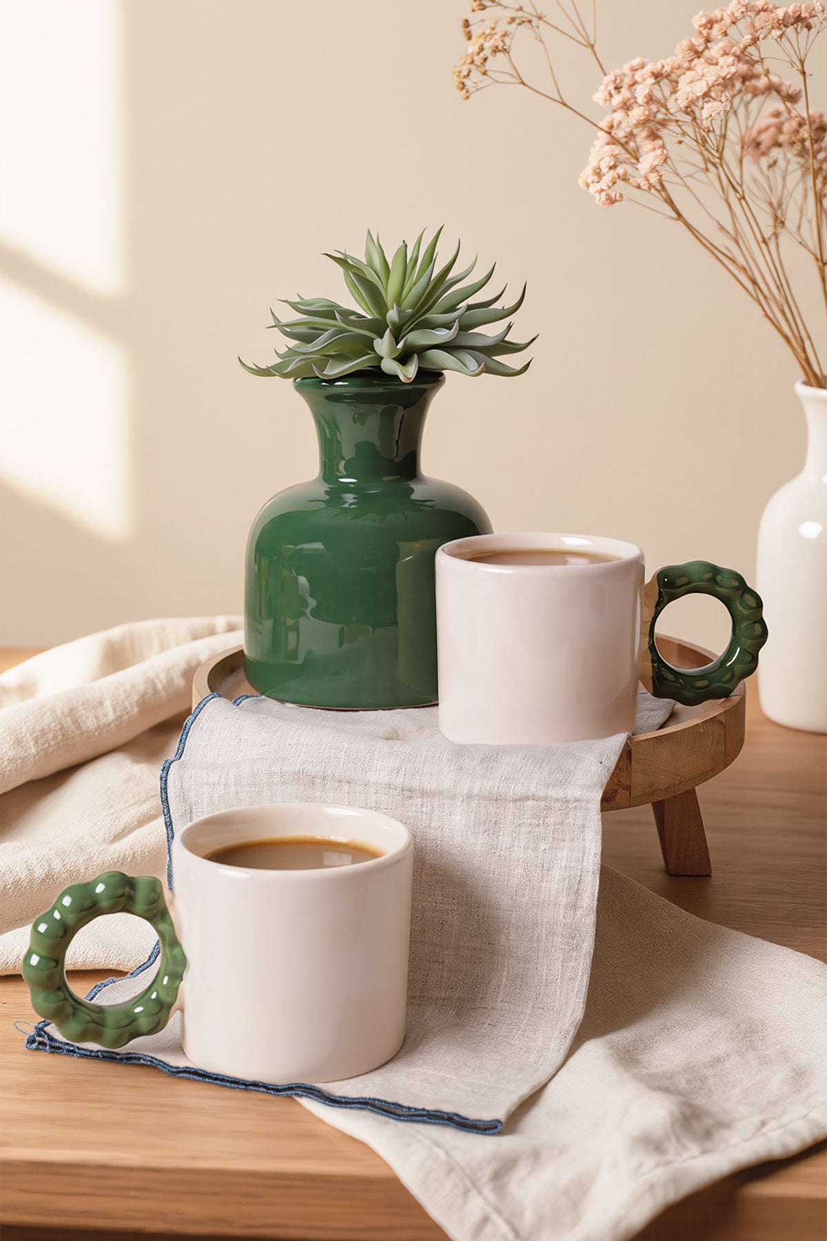 Cream Pearl Mug with Green Handle, 8 cm, 2 Pieces