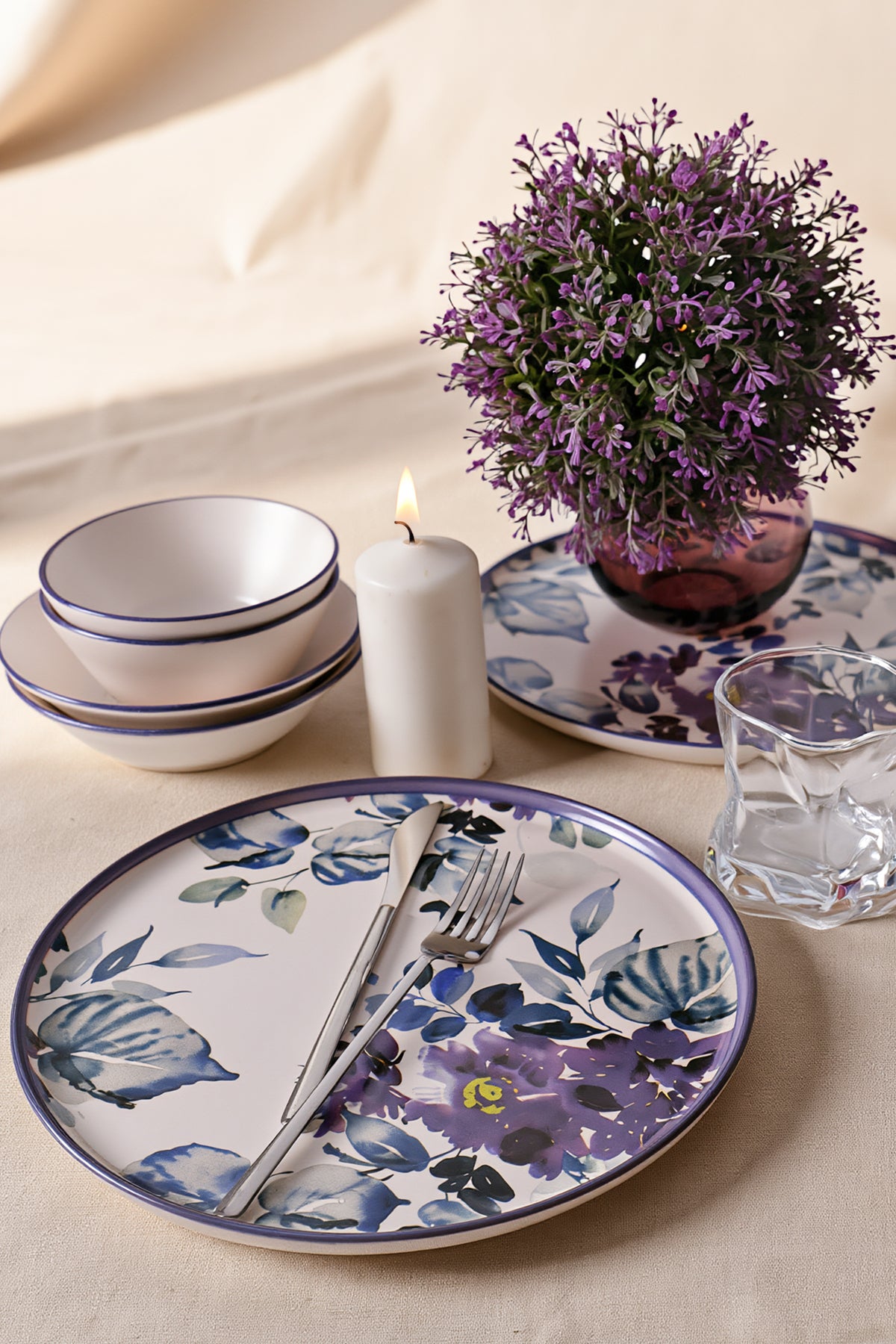 Purple Flower 6-Piece Dinner Set for 2 People