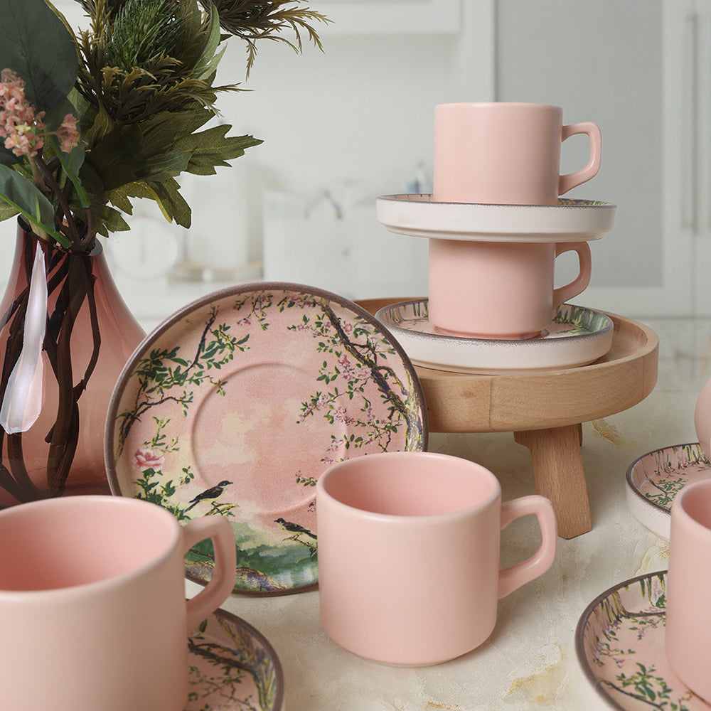 Pink Woods Stackable Tea Set 12 Pieces for 6 People