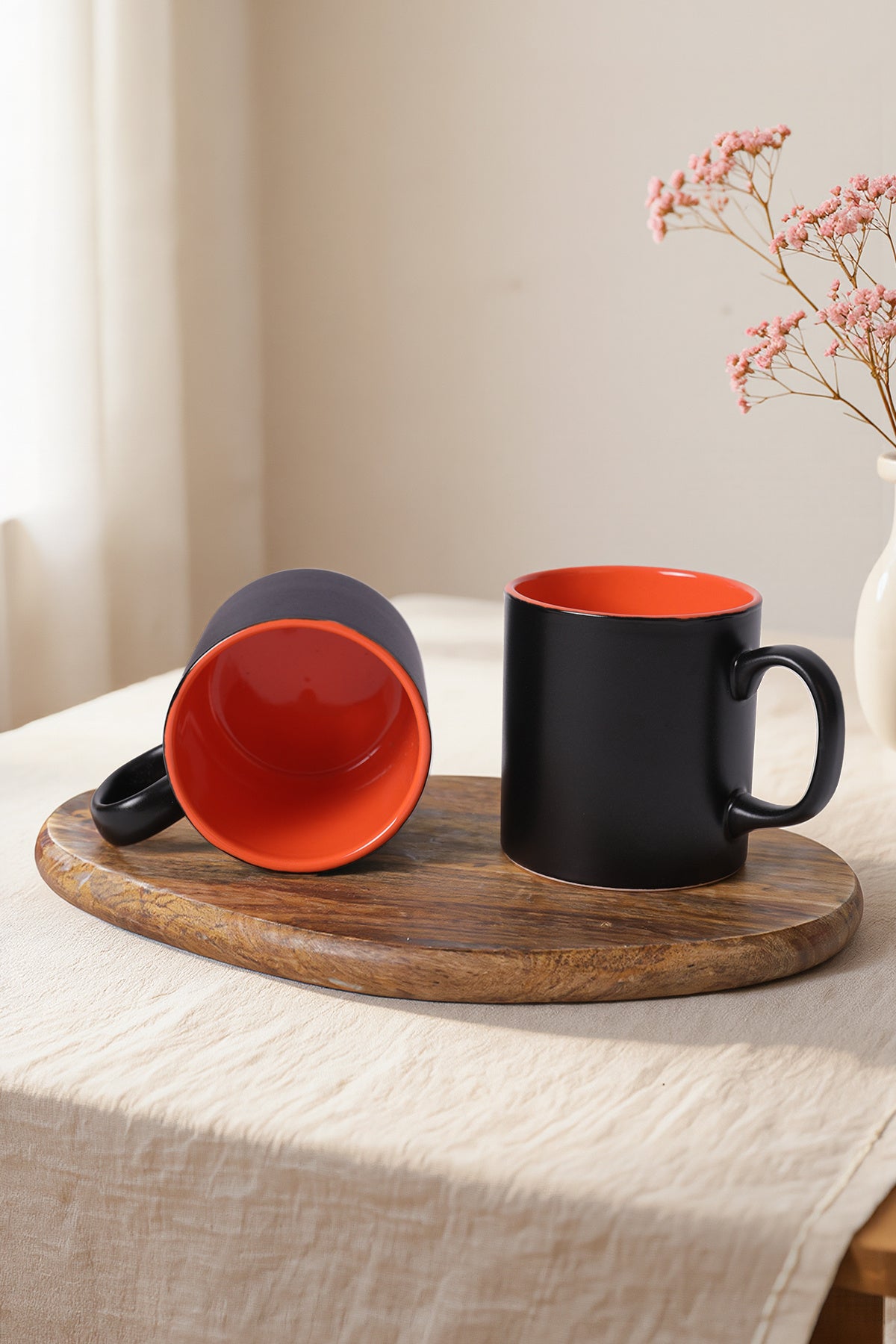 Matte Black / Orange Cylindrical Mug, 10 cm, 2 Pieces