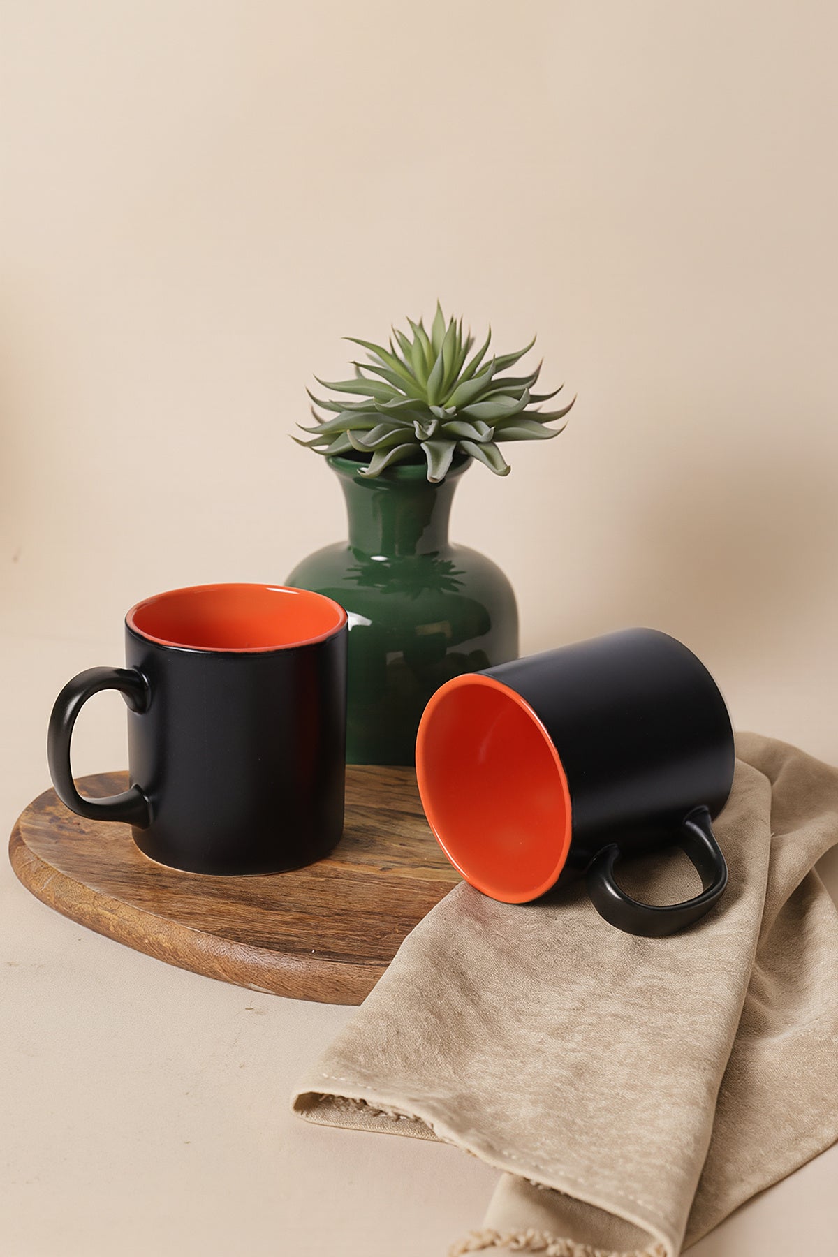 Matte Black / Orange Cylindrical Mug, 10 cm, 2 Pieces