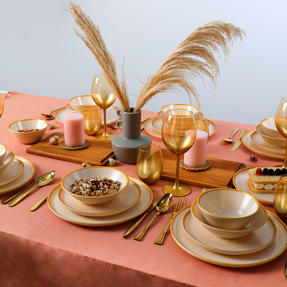 Matte Cream Gold Netted Dinner Set 24 Pieces for 6 People