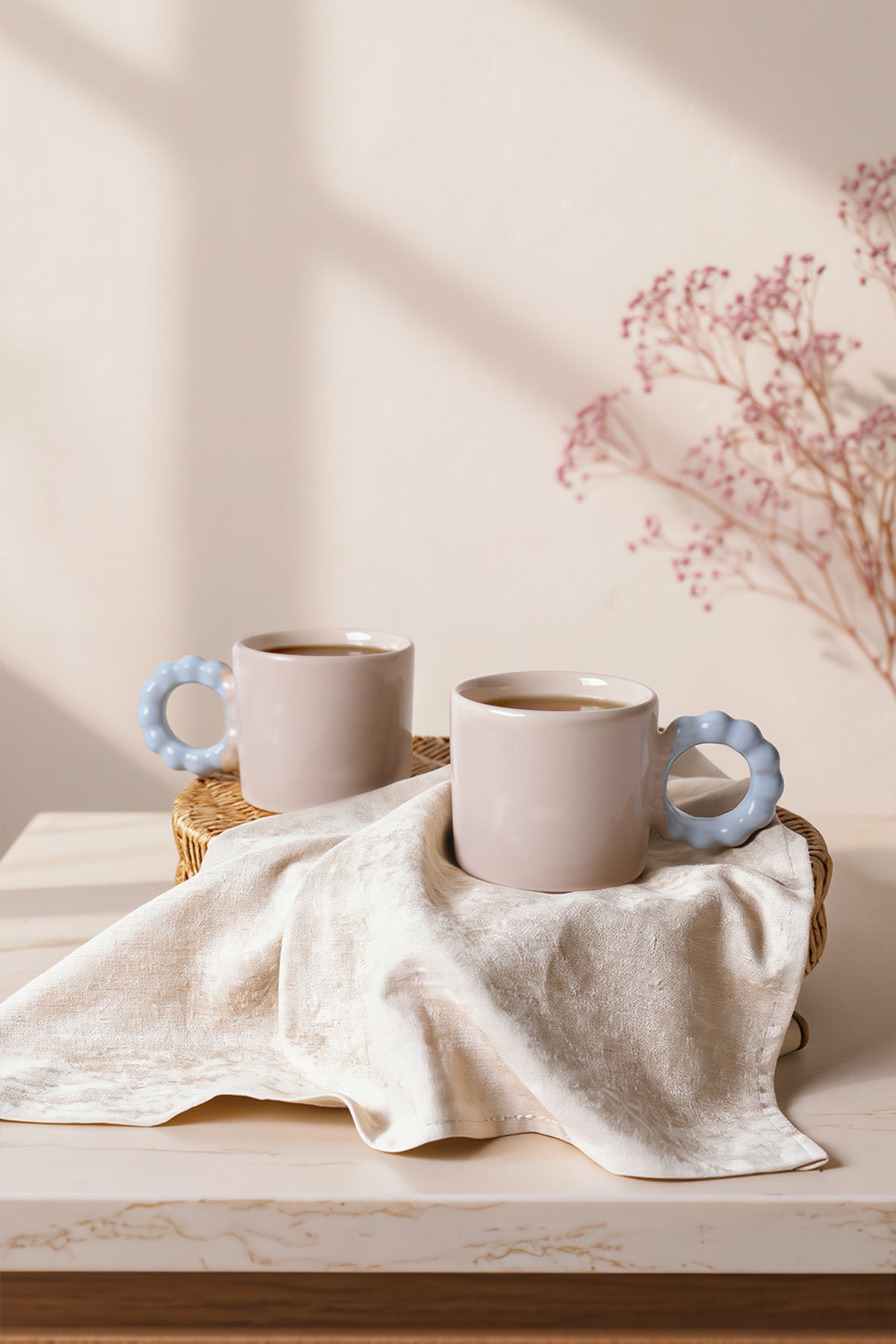 Cream Pearl Mug with Blue Handle, 8 cm, 2 Pieces