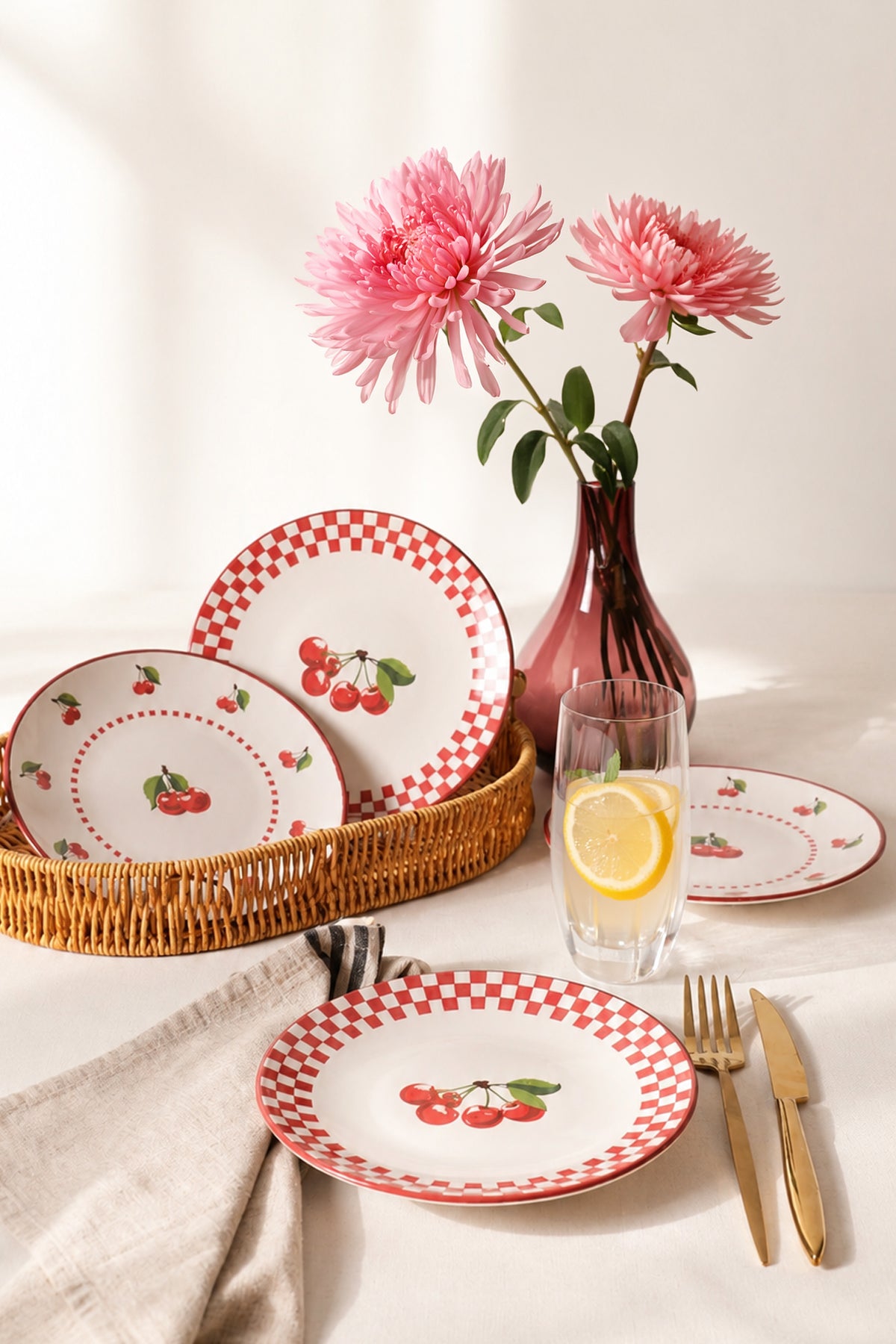 Plaid Cherry Plate 20 cm 4 Pieces
