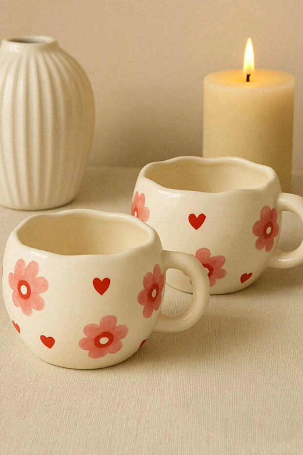 2 Piece Handmade Ceramic Flower Mug / Cup