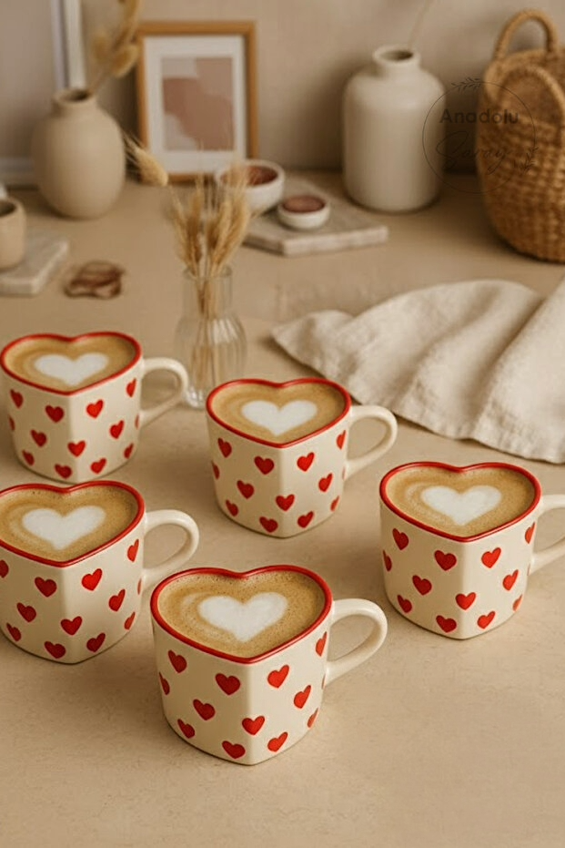 6 Piece Handmade Ceramic Red Hearts Mug / Cup
