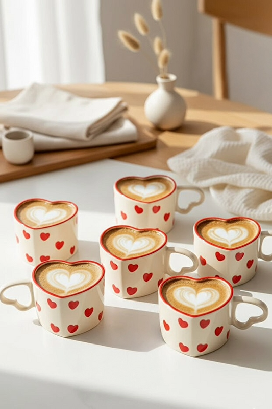 6 Piece Handmade Ceramic Red Hearts Mug / Cup