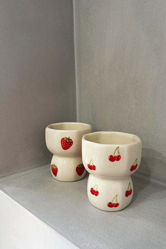 2 Piece Handmade Ceramic Strawberry and Cherry Octagonal Mug / Cup
