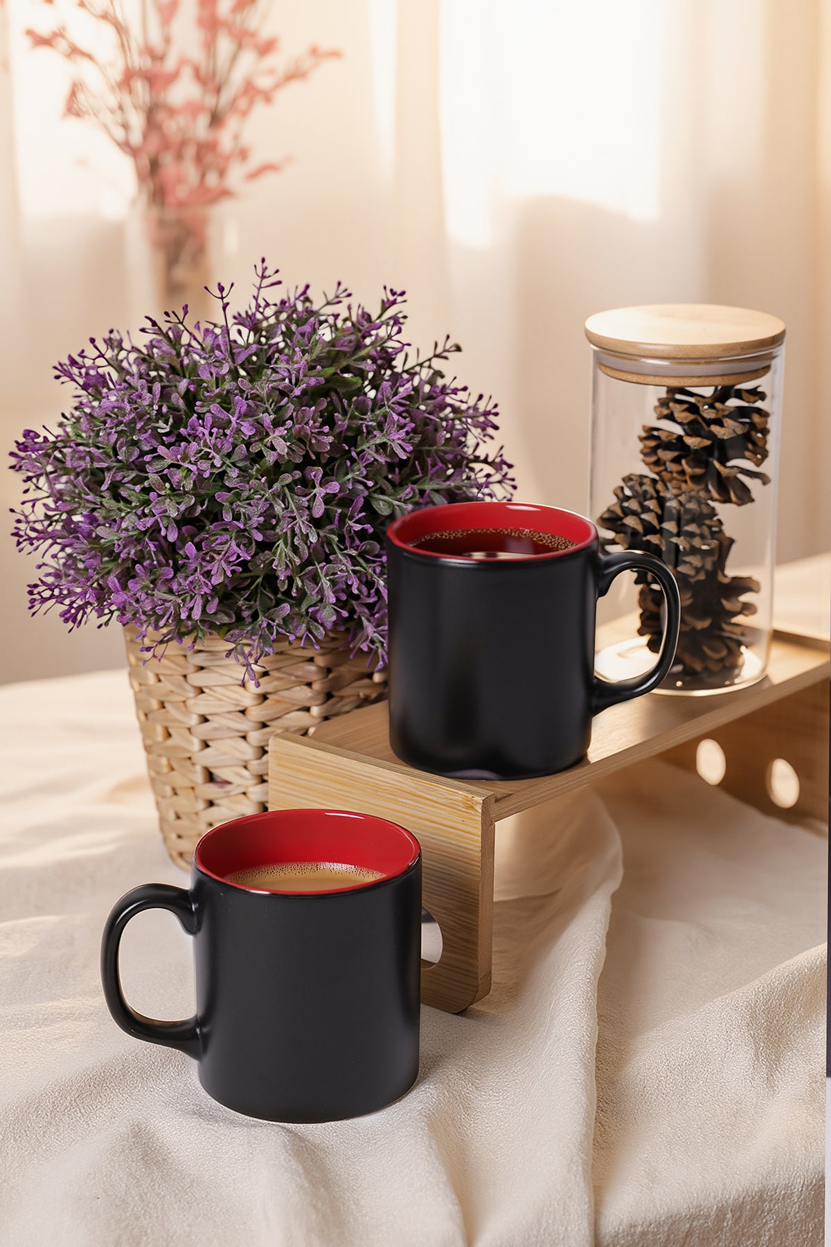 Matte Black / Red Cylindrical Mug, 10 cm, 2 Pieces