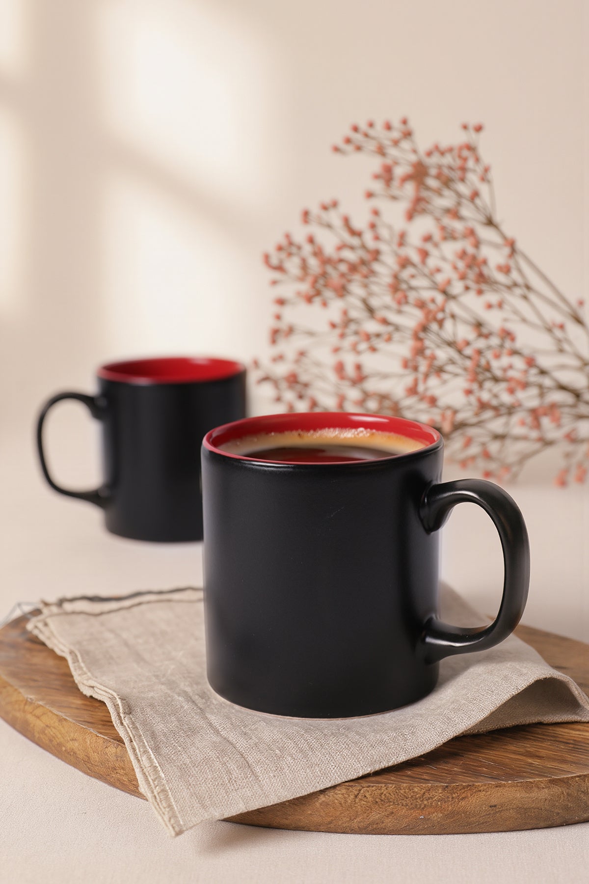 Matte Black / Red Cylindrical Mug, 10 cm, 2 Pieces