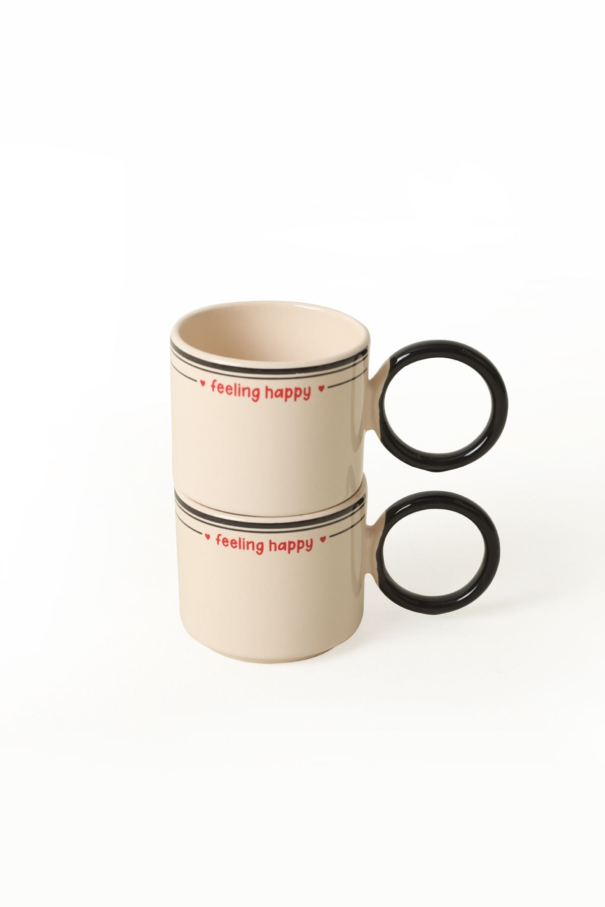 Feeling Happy Black Mugs Stackable Ring Handle Cup 2 Pieces