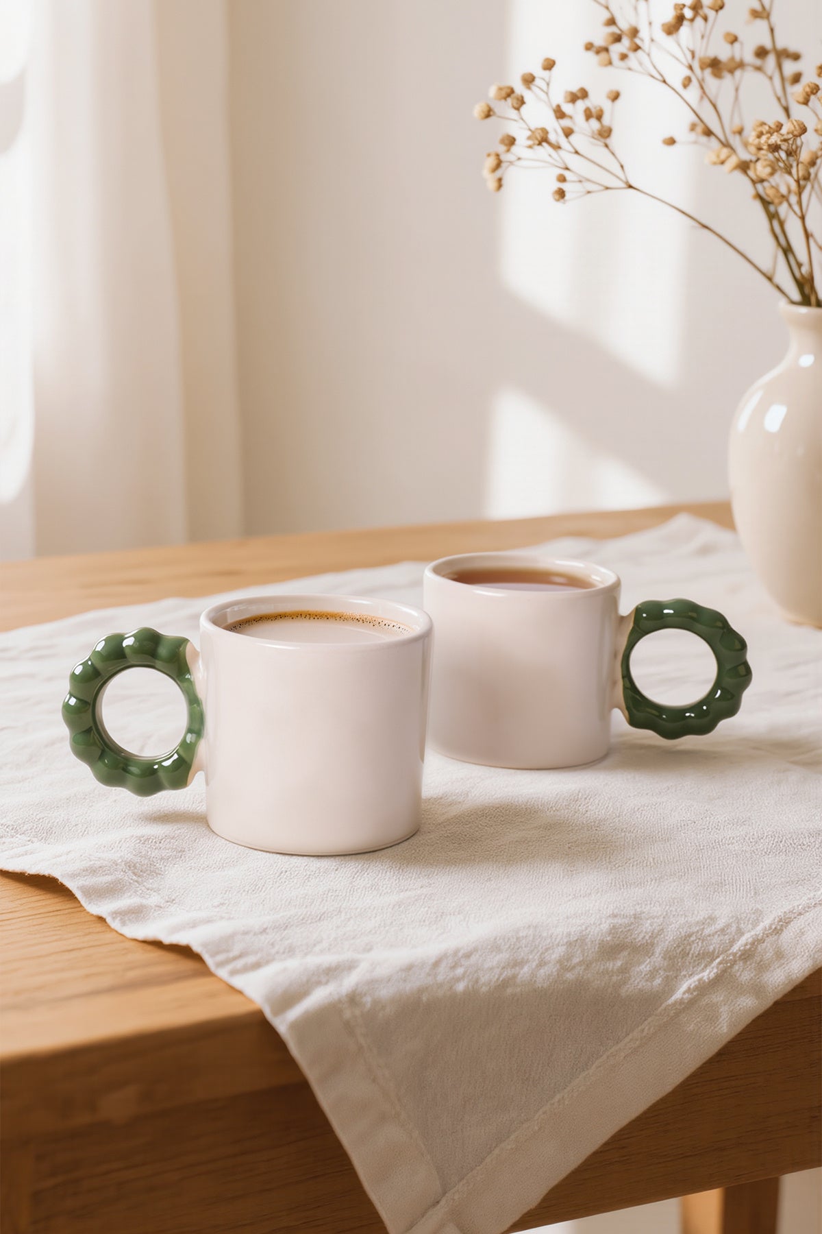Cream Pearl Mug with Green Handle, 8 cm, 2 Pieces
