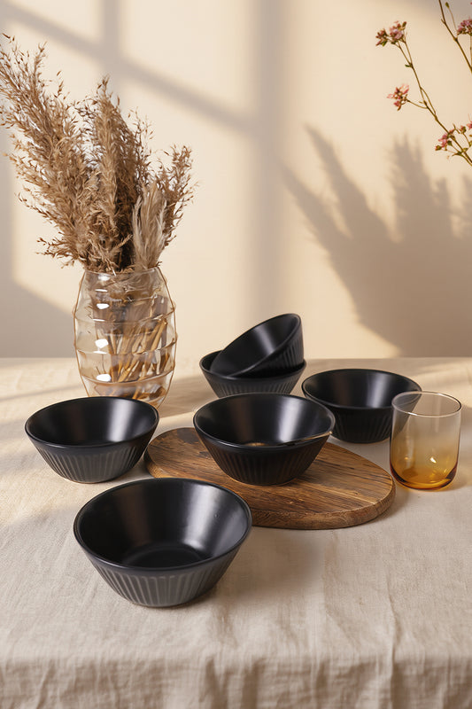 Matte Black Hittite Line Bowl 14 cm 6 Pieces