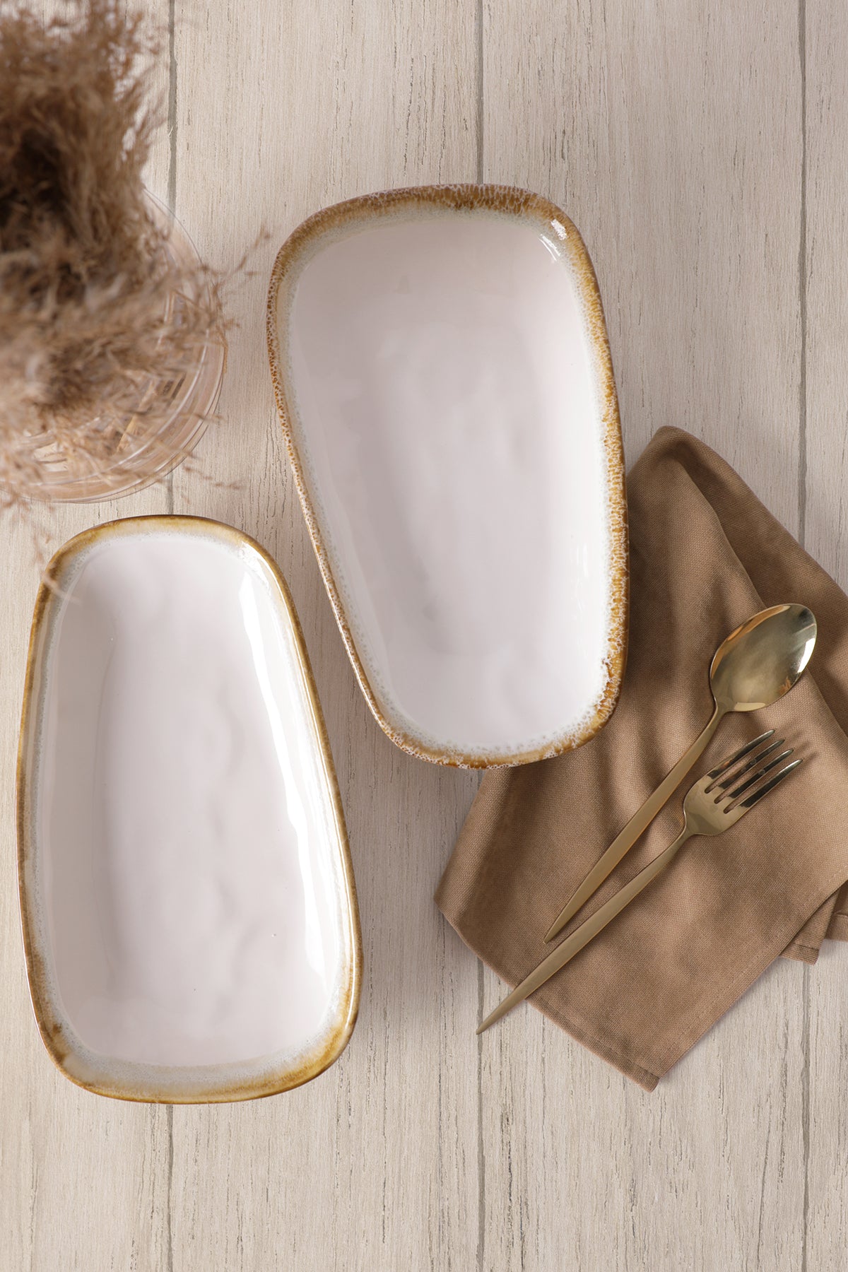 Shizen Cream Tetra Boat-Shaped Plate 28 cm 2 Pieces