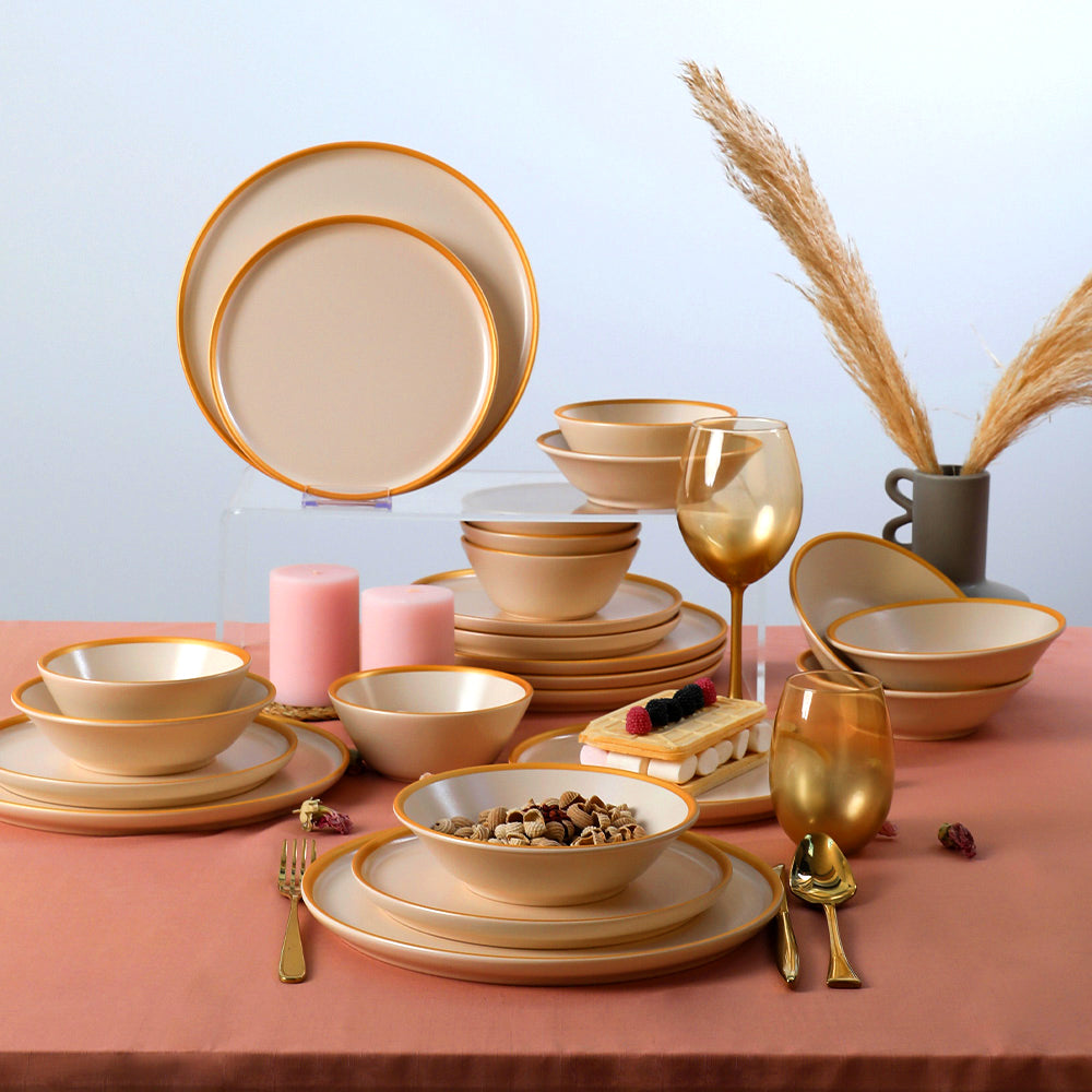 Matte Cream Gold Netted Dining Set 24 Pieces for 6 People